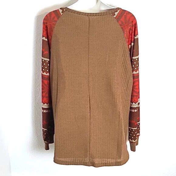 Waffle Knit Top Brown, Rusty Red & White Printed Longsleeves, Size Large - Picture 5 of 7